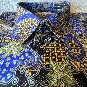 👺🌊L Keris Fashion Men's Vibrant Blue & Black Paisley Shirt, bold colors NWOT